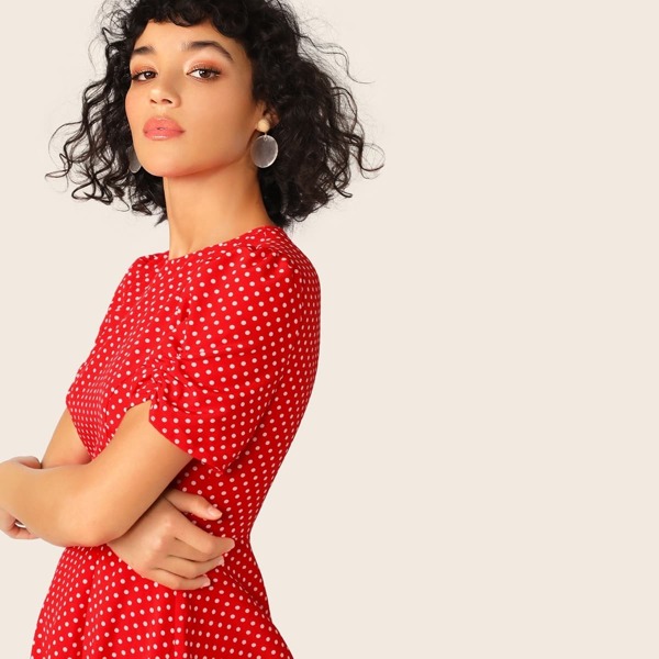 

Polka Dot Gathered Sleeve Skater Dress, Red