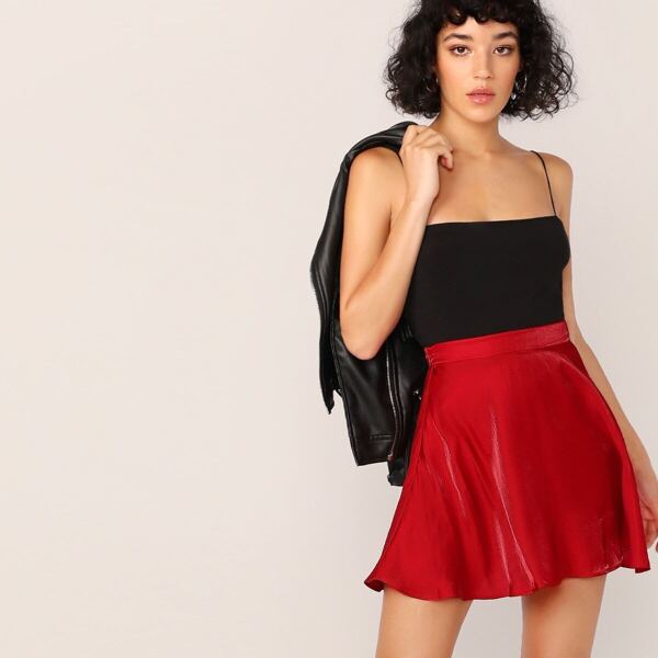 

Wide Waistband Satin Skater Skirt