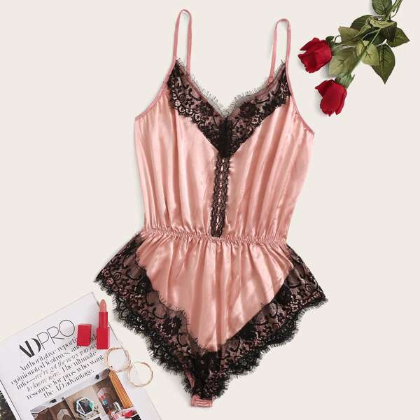 

Eyelash Floral Lace Satin Romper Bodysuit