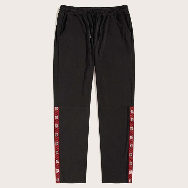 

Men Side Tape Letter Print Pants, Black