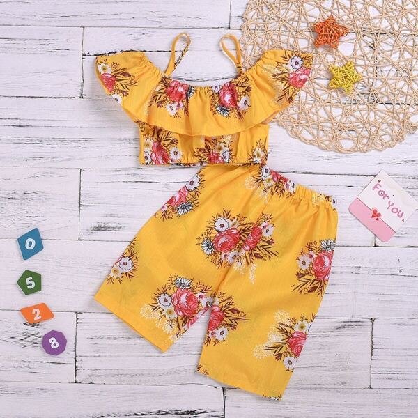 

Toddler Girls Floral Print Ruffle Top With Pants, Yellow