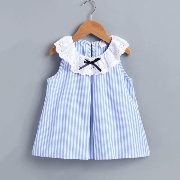 

Baby Contrast Eyelet Embroidery Stripe Dress, Blue and white
