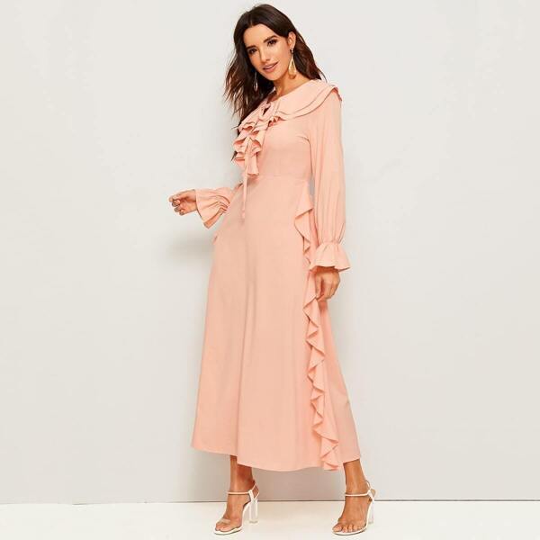 

Tie Neck Flounce Sleeve Ruffle Trim Maxi Dress