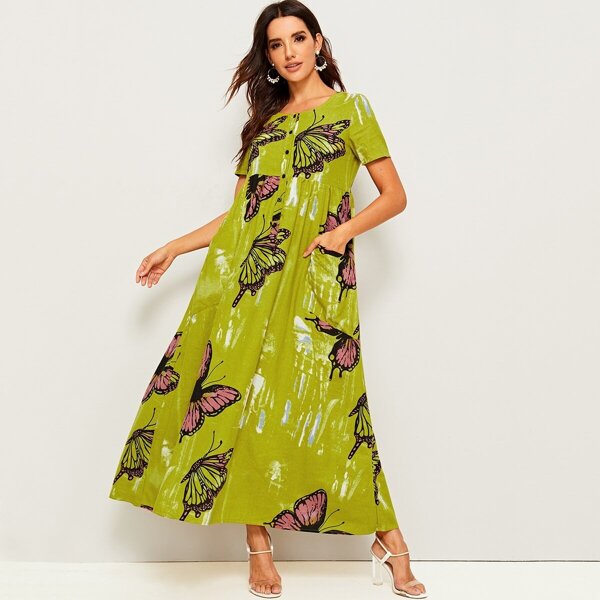 

Butterfly Print Button Half Placket Maxi Dress, Yellow