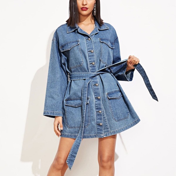

Pocket Patched Self Belted Buttoned Denim Dress