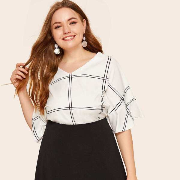 

Plus Plaid V-Neck Blouse