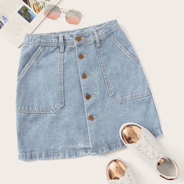 

Plus Button Front Denim Skirt