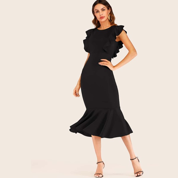 

Ruffle Trim Zip Back Fishtail Dress
