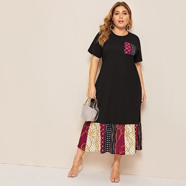 

Plus Contrast Chain Print Hem Dress, Multicolor