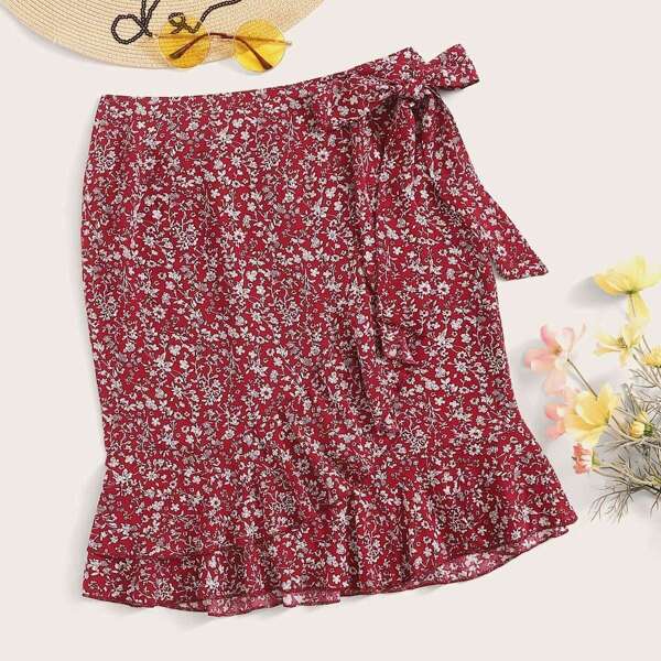 

Ditsy Floral Print Ruffle Trim Knot Side Wrap Skirt