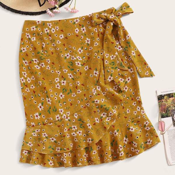 

Ditsy Floral Print Ruffle Trim Knot Side Wrap Skirt
