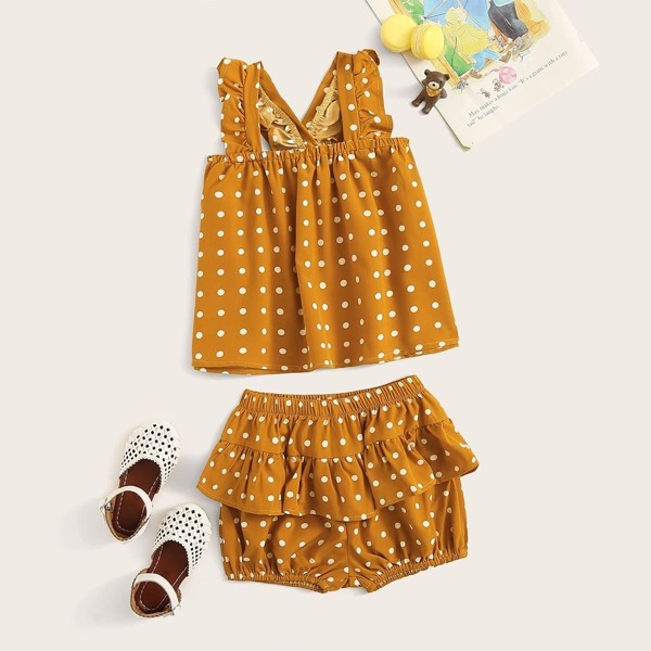 

Toddler Girls Polka Dot Ruffle Top and Shorts Set, Yellow