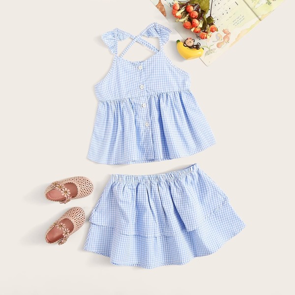 

Toddler Girls Gingham Print Shirt and Layered Skirts Set