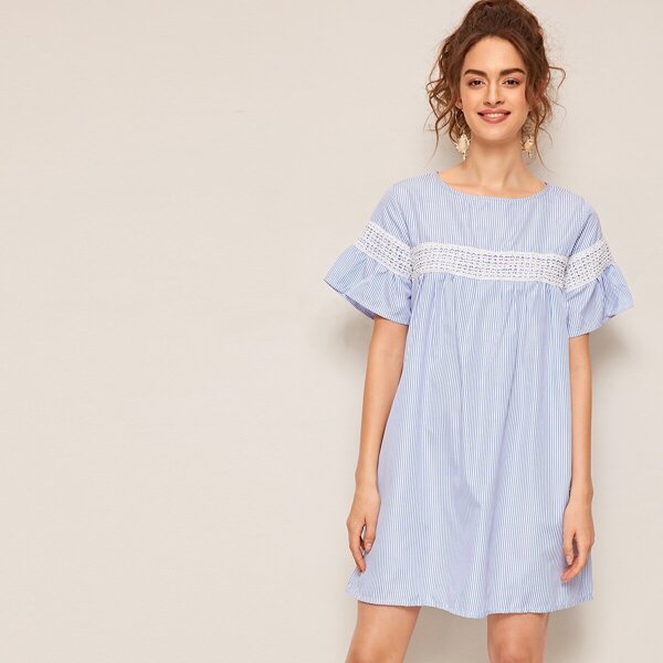 

Contrast Lace Ruffle Cuff Striped Dress, Blue