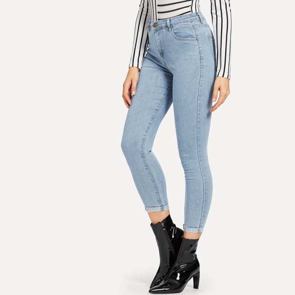 

Letter Embroidered Roll Up Jeans, Light wash