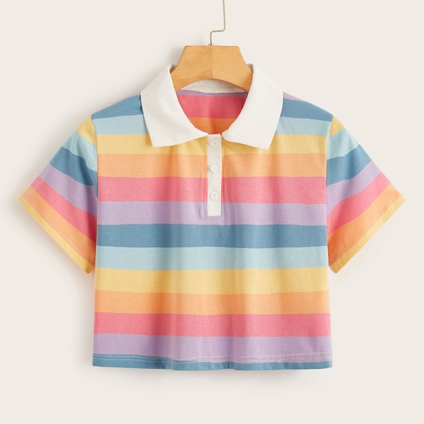 

Rainbow Stripe Crop Polo Tee