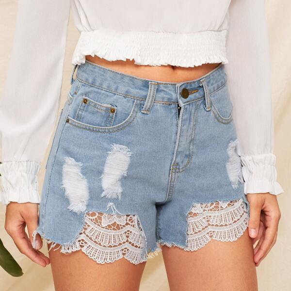 

Ripped Contrast Lace Denim Shorts, Blue