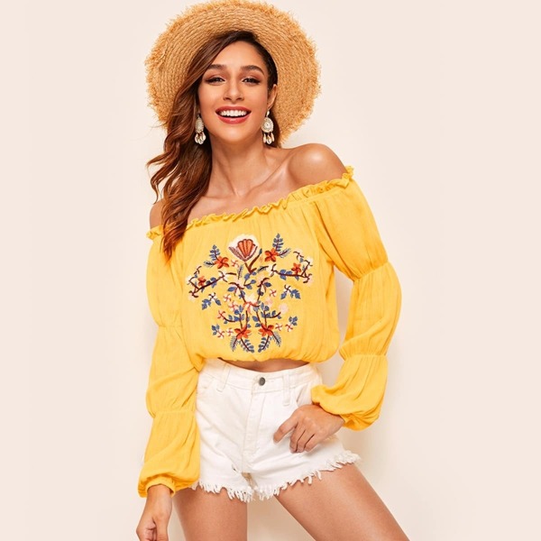 

Embroidered Floral Frill Trim Bardot Top, Yellow