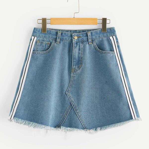 

Frayed Trim Tape Side 5-pocket Denim Skirt
