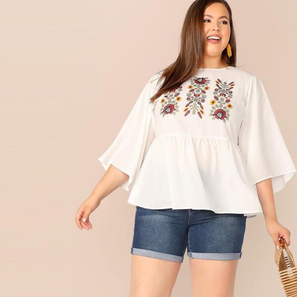 

Plus Embroidered Floral Peplum Top, White