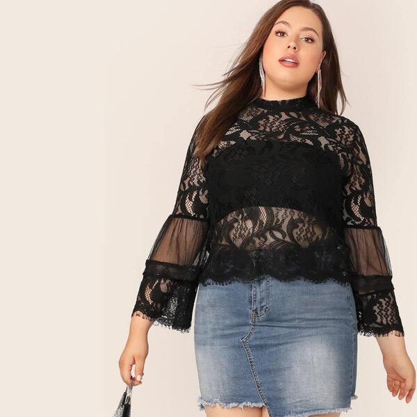 

Plus Sheer Mock-neck Flounce Sleeve Lace Blouse, Black