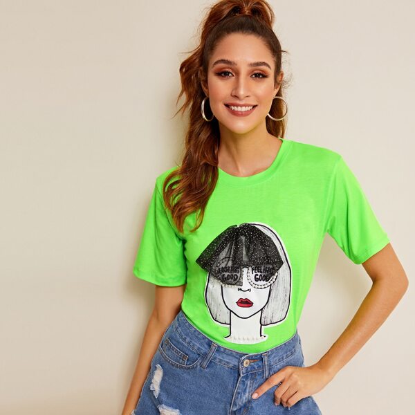 

Neon Green Mesh Detail Figure Print Tee