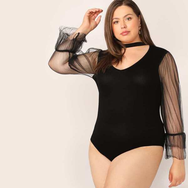 

Plus Contrast Mesh Sleeve Choker Bodysuit