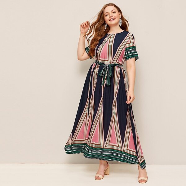 

Plus Mixed Print Self Belted Dress, Multicolor