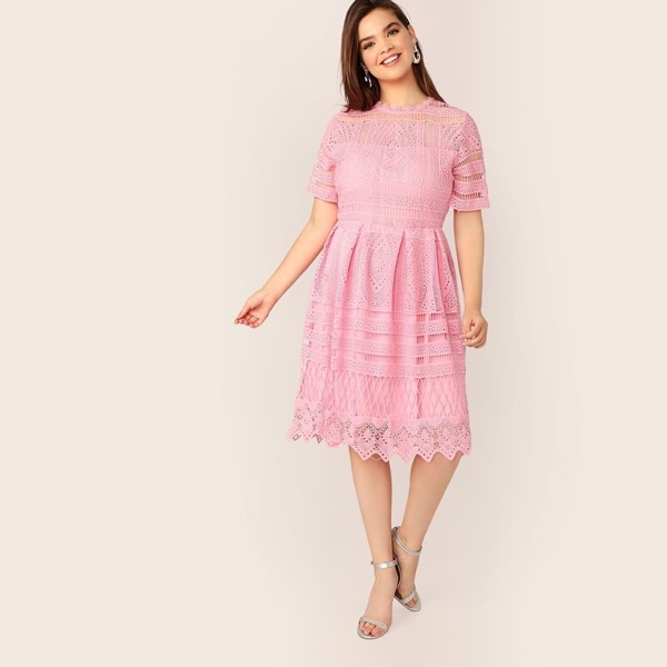 

Plus Guipure Lace Overlay Fold Pleat Dress