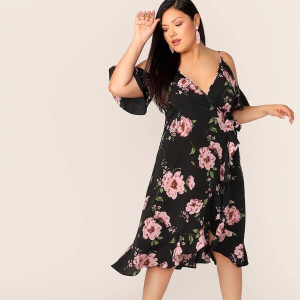 

Plus Cold Shoulder Floral Wrap Dress