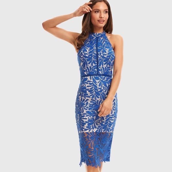 

Zip Back Slit Hem Guipure Lace Overlay Pencil Dress, Blue