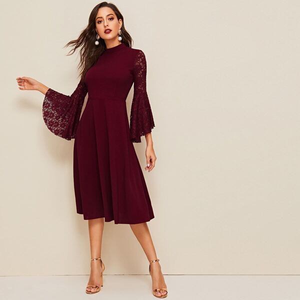 

Lace Flounce Sleeve Fit & Flare Dress, Burgundy
