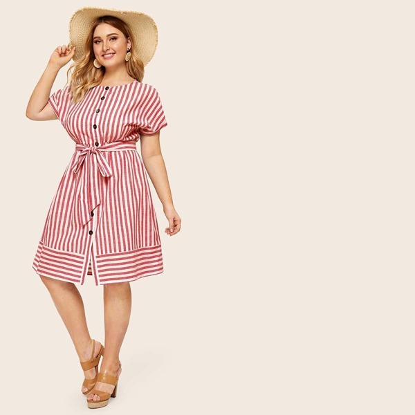 

Plus Button Front Striped Belted Dress