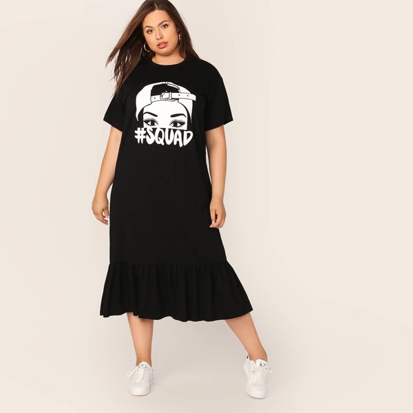 

Plus Figure and Letter Graphic Flippy Hem Dress, Black