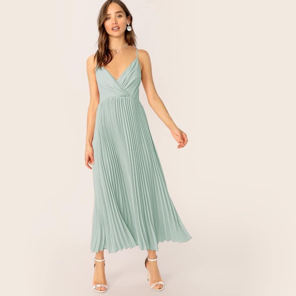 

Surplice Neck Wrap Pleated Slip Dress, Green
