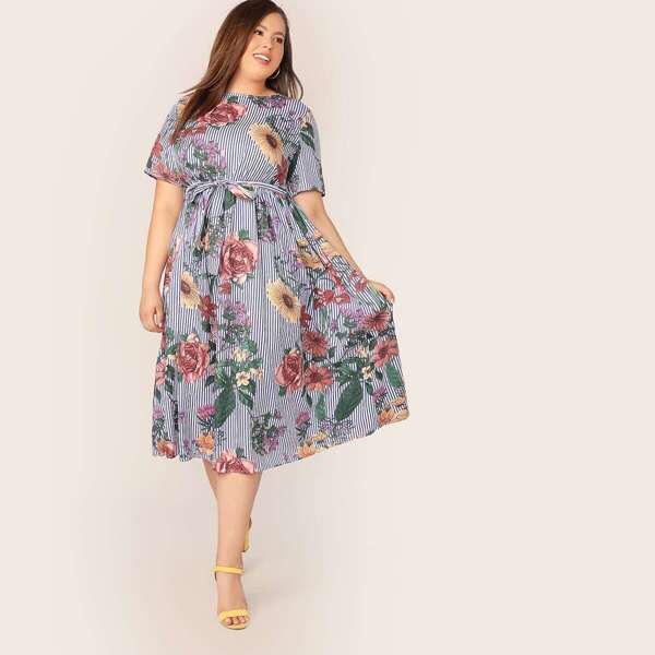 

Plus Botanical And Striped Print Belted Dress, Blue