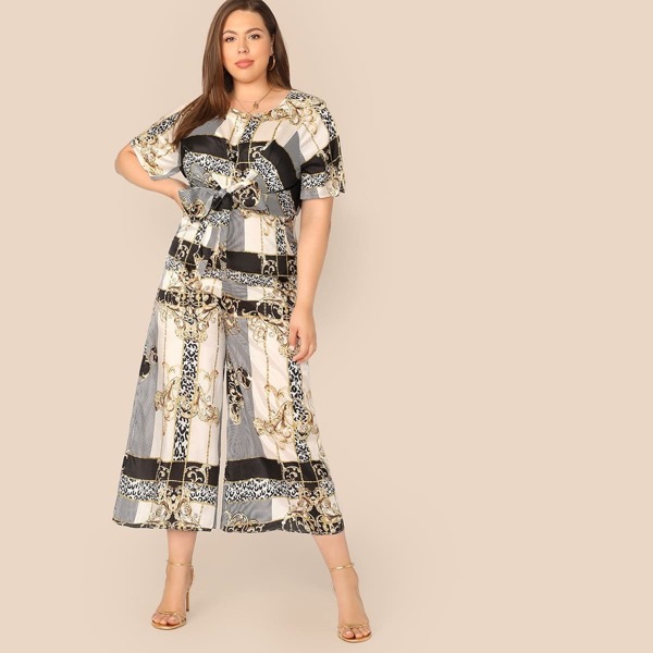 

Plus Big Bow Front Scarf Print Palazzo Jumpsuit, Multicolor