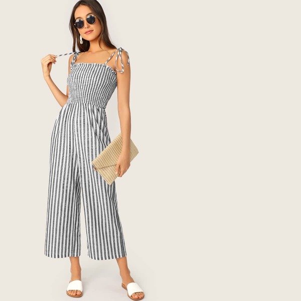

Shirred Bodice Striped Palazzo Jumpsuit With Tie Strappy