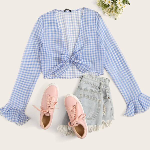 

Gingham Flounce Sleeve Tie Front Crop Kimono