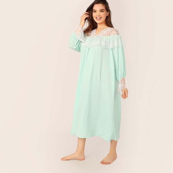 

Plus Contrast Lace Tunic Dress, Green pastel