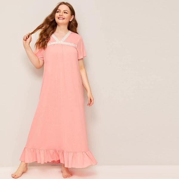 

Plus Lace Insert Ruffle Hem Night Dress, Pink