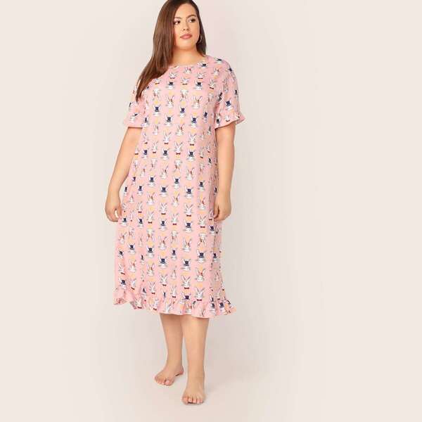 

Plus Ruffle Hem Rabbit Print Night Dress