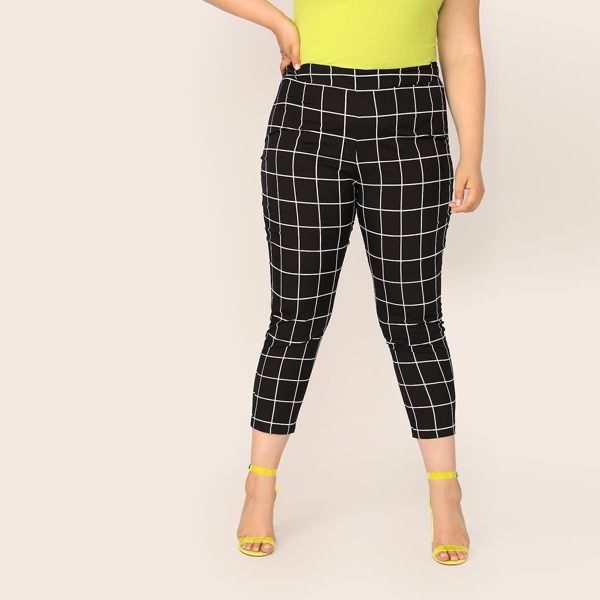 

Plus Wide Band Waist Grid Pants, Black
