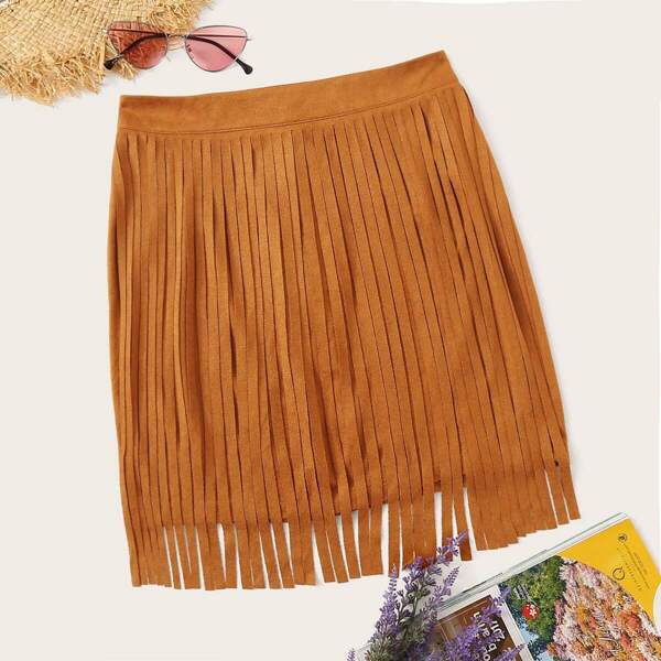 

Zip Back Fringe Trim Suede Skirt