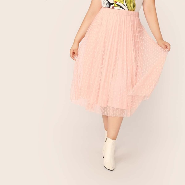 

Plus Dot Mesh Overlay Pleated Skirt, Pink