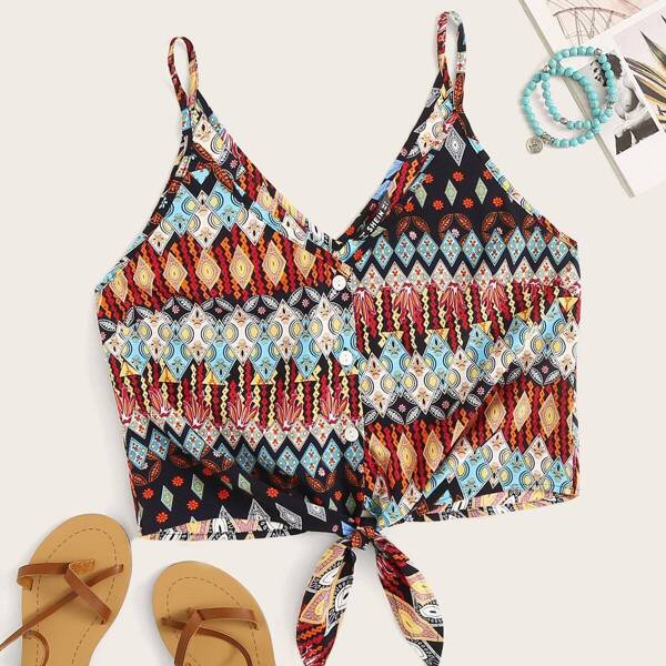 

Tribal Print Button & Tie Front Cami Top, Multicolor