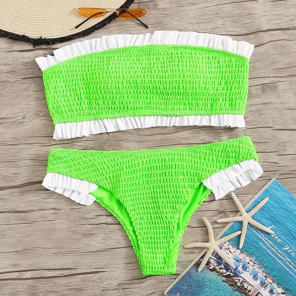 Neon Green Frill Trim Smocked Bandeau Bikini Set, Green bright