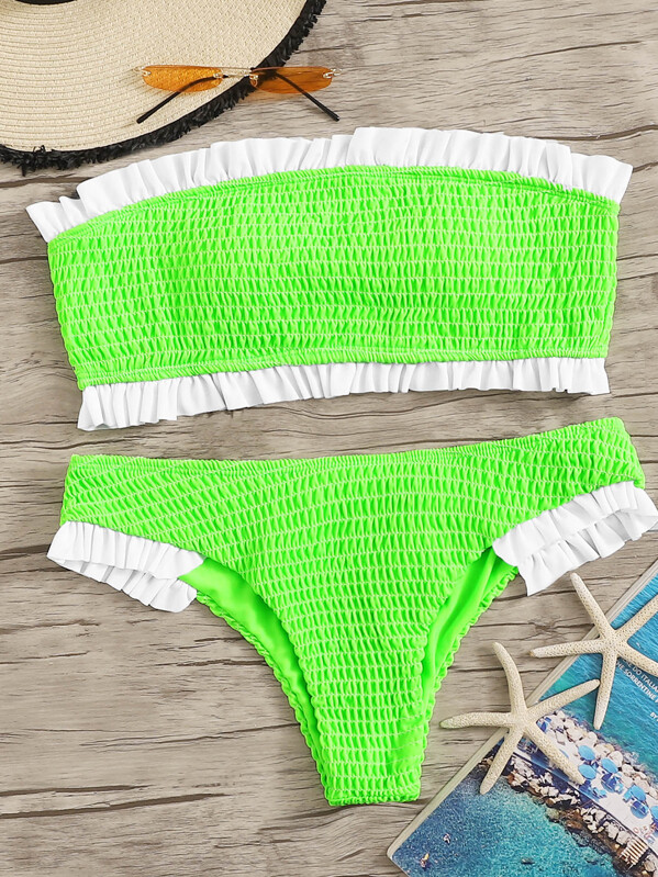 

Neon Green Frill Trim Smocked Bandeau Bikini Set