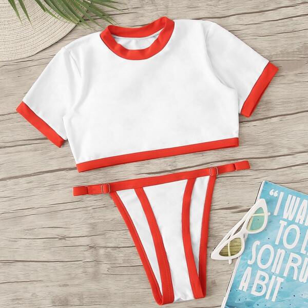 

Contrast Piping Short Sleeve Two Piece Swimwear