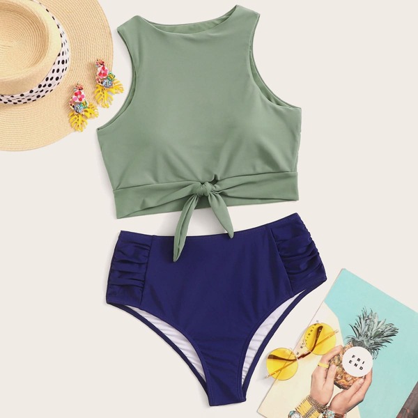 

Knot Hem Top With Ruched High Waist Bikini Set